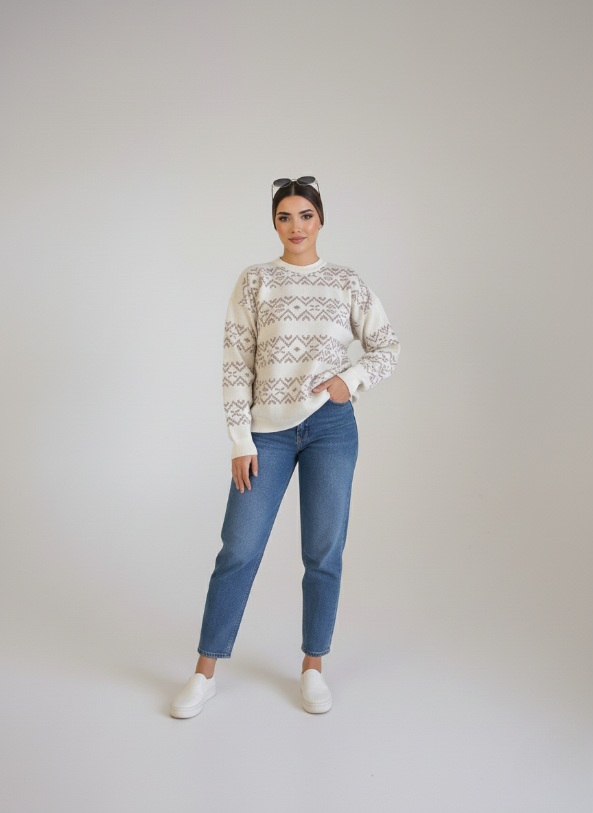 Woman wearing a patterned sweater and blue jeans on a plain background