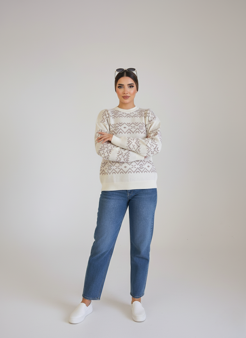 Woman wearing a patterned sweater and blue jeans on a plain background
