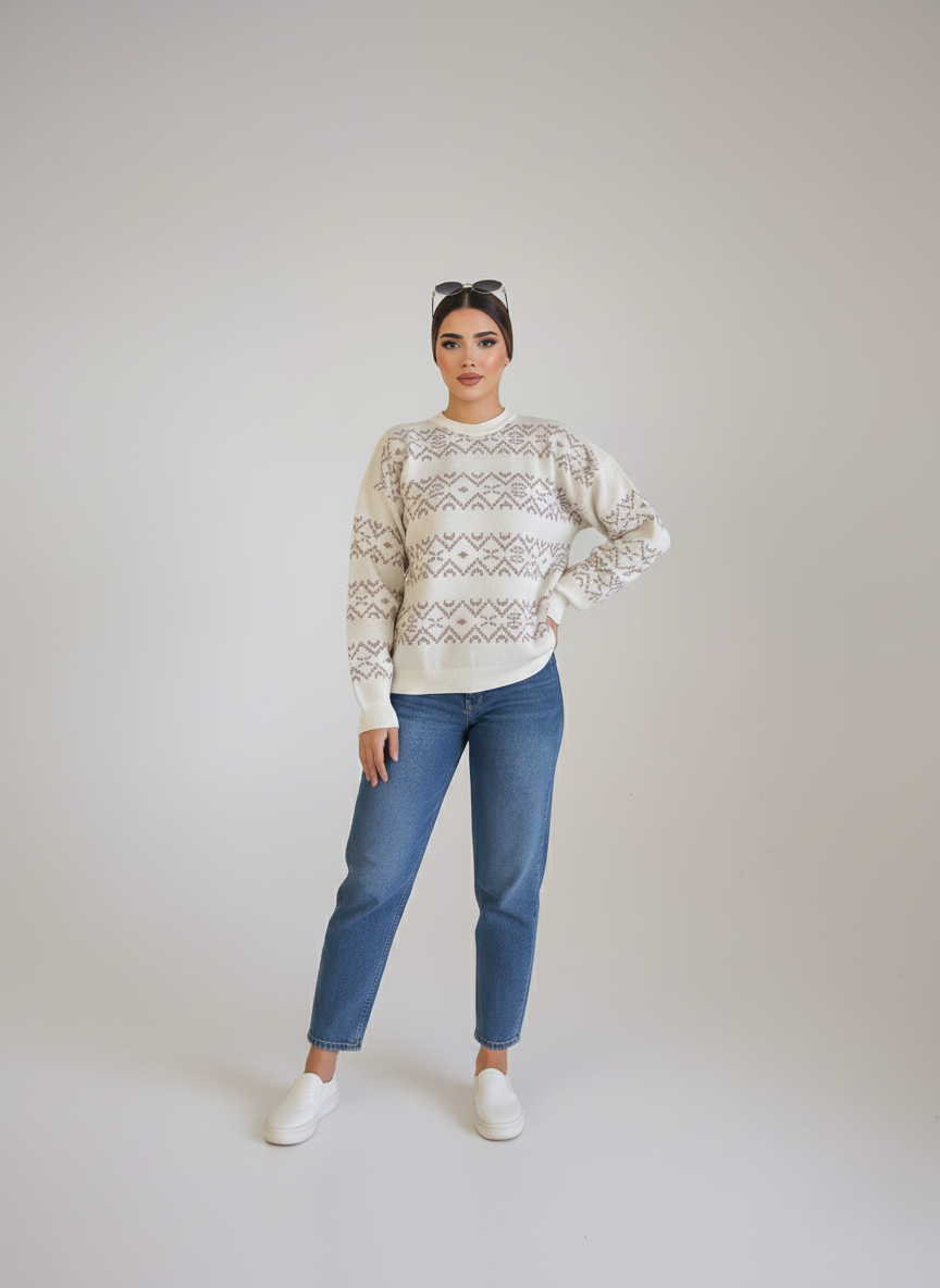 Woman wearing a patterned sweater and blue jeans on a plain background