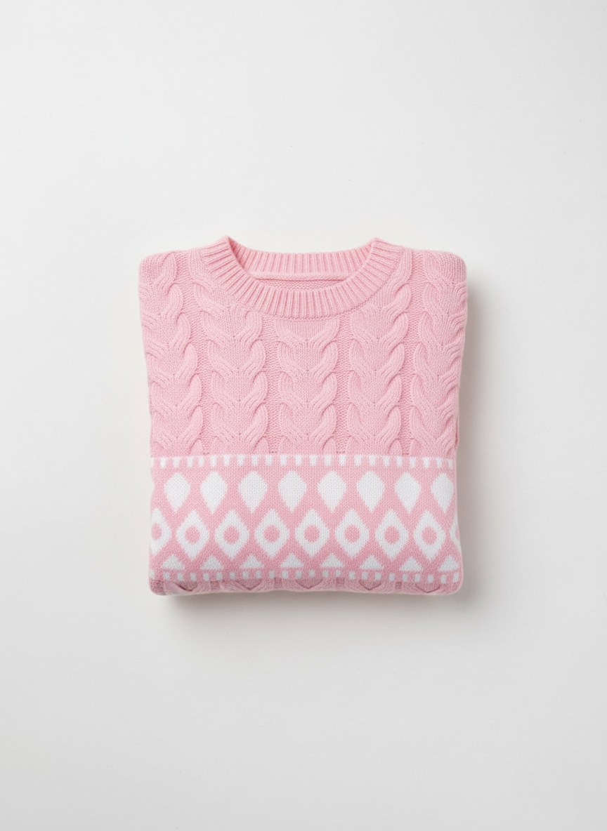 Pink sweater with cable knit pattern and white geometric design on a light gray background